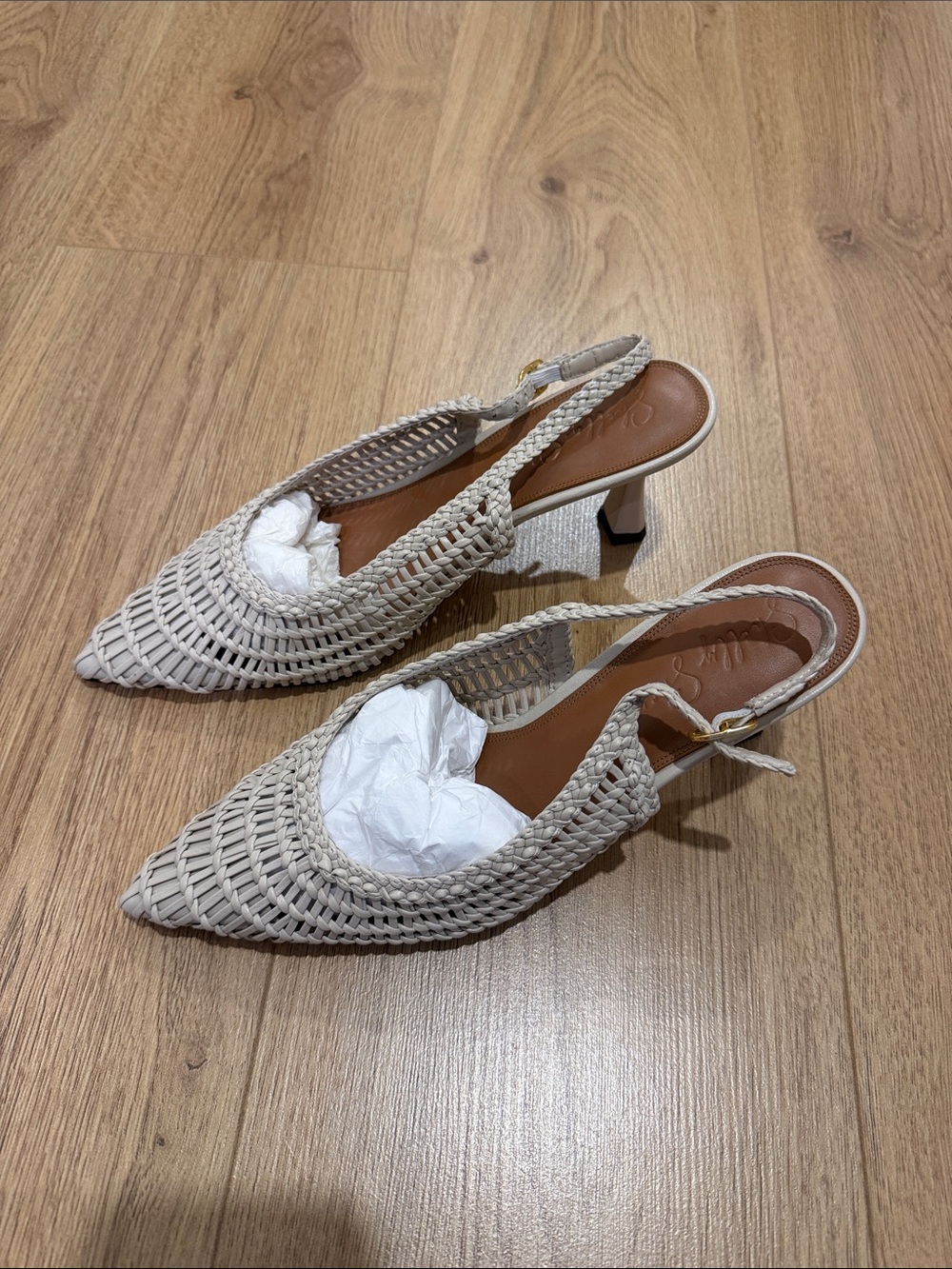 Woven Leather Slingback Pointed Heels in Light Beige